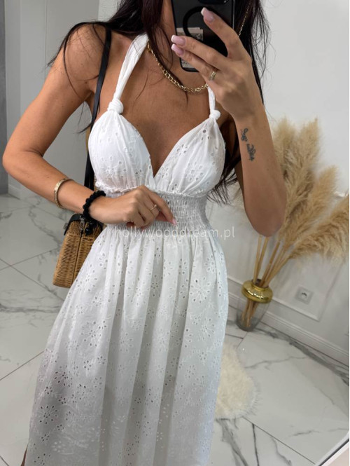 Sukienka midi ażurowa z wiązaniem na szyi i gumką w talii 100% bawełna KELLY biała 09 - photo #11