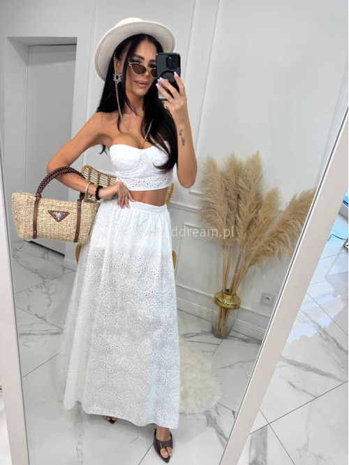 Komplet ażurowy top krótki gorsetowy+ spódnica maxi 100% bawełna IBIZA biały 09 - photo #8