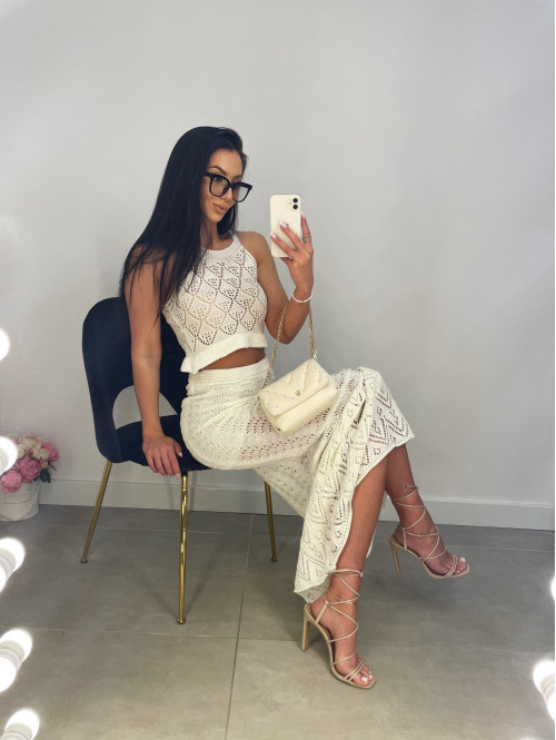 Komplet plażowy top + spódnica maxi ażurowy BONI kremowy  17 - photo #15