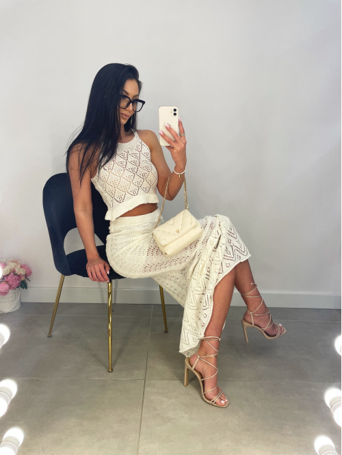 Komplet plażowy top + spódnica maxi ażurowy BONI kremowy  17 - photo #16