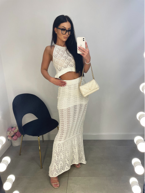 Komplet plażowy top + spódnica maxi ażurowy BONI kremowy  17 - photo #17