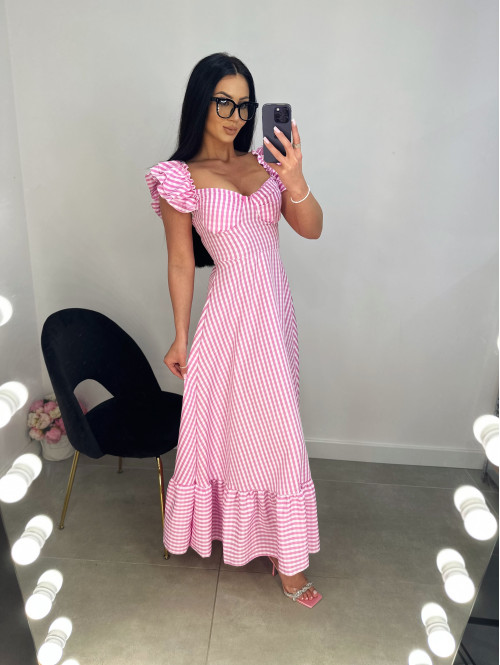 Sukienka maxi z falbaną na ramionach w drobną kratkę INGA różowa 17 - photo #14
