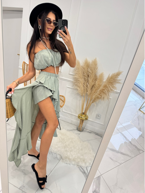Komplet top + spódnica midi asymetryczna z falbanami 100% bawełna SUNNY pistacjowy 173