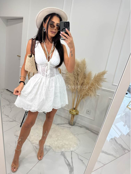 PRE ORDER !!! WYSYŁKA PO 09.06 !!!! Sukienka mini ażurowa 100% bawełna z a'la gorsetem w talii SARA biała 09 - photo #2