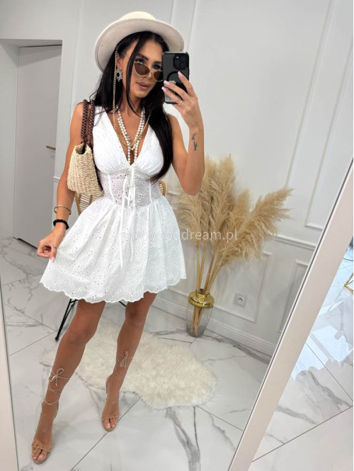 PRE ORDER !!! WYSYŁKA PO 09.06 !!!! Sukienka mini ażurowa 100% bawełna z a'la gorsetem w talii SARA biała 09 - photo #3