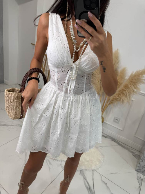 PRE ORDER !!! WYSYŁKA PO 09.06 !!!! Sukienka mini ażurowa 100% bawełna z a'la gorsetem w talii SARA biała 09 - photo #8