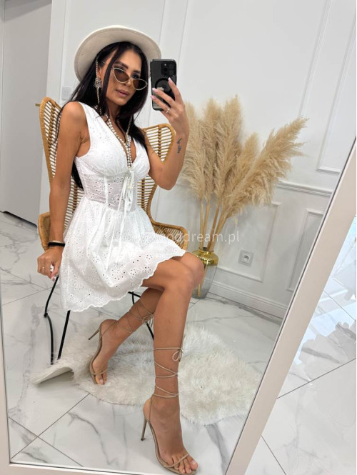 PRE ORDER !!! WYSYŁKA PO 09.06 !!!! Sukienka mini ażurowa 100% bawełna z a'la gorsetem w talii SARA biała 09 - photo #14