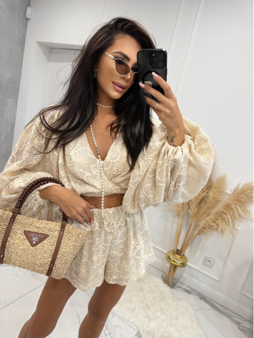 Komplet ażurowy kimono wiązane + spodenki MEREDIT beżowy 48 - photo #0