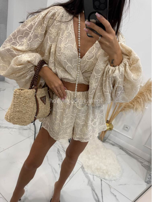 Komplet ażurowy kimono wiązane + spodenki MEREDIT beżowy 48 - photo #13