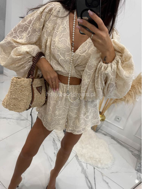 Komplet ażurowy kimono wiązane + spodenki MEREDIT beżowy 48 - photo #14