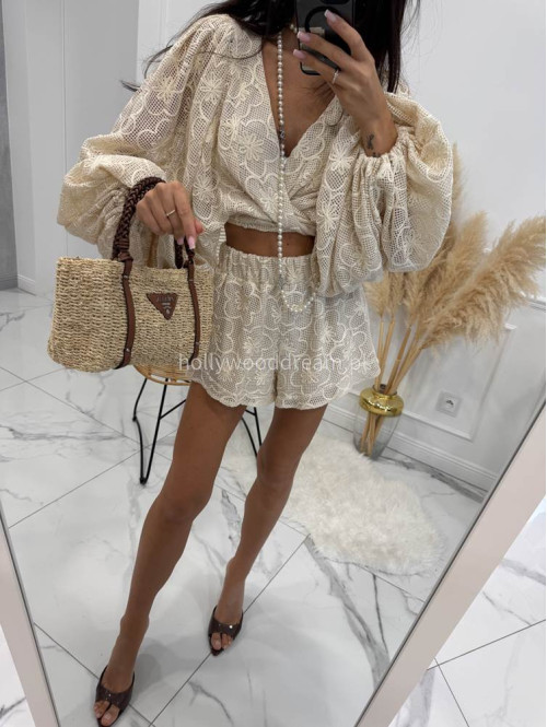 Komplet ażurowy kimono wiązane + spodenki MEREDIT beżowy 48 - photo #15