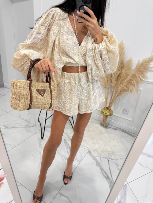 Komplet ażurowy kimono wiązane + spodenki MEREDIT beżowy 48 - photo #16