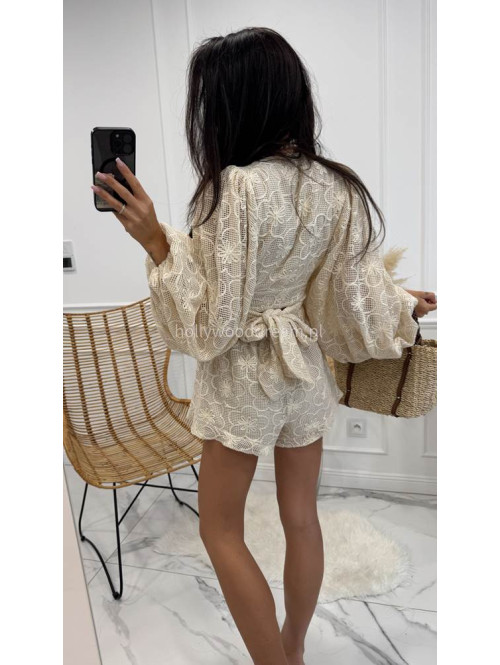 Komplet ażurowy kimono wiązane + spodenki MEREDIT beżowy 48 - photo #17