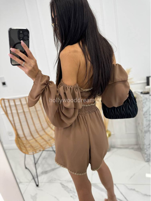 Komplet letni z dodatkiem koronki top wiązany + spodenki z wiskozą CLAUDIE karmelowy 169 - photo #9