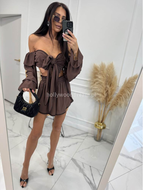 Komplet letni z dodatkiem koronki top wiązany + spodenki z wiskozą CLAUDIE czekoladowy 169 - photo #1