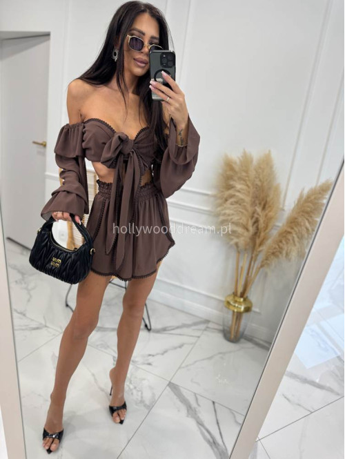 Komplet letni z dodatkiem koronki top wiązany + spodenki z wiskozą CLAUDIE czekoladowy 169 - photo #2