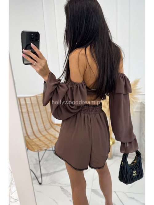 Komplet letni z dodatkiem koronki top wiązany + spodenki z wiskozą CLAUDIE czekoladowy 169 - photo #8