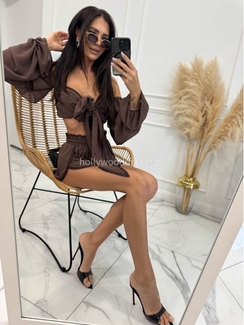 Komplet letni z dodatkiem koronki top wiązany + spodenki z wiskozą CLAUDIE czekoladowy 169 - photo #9