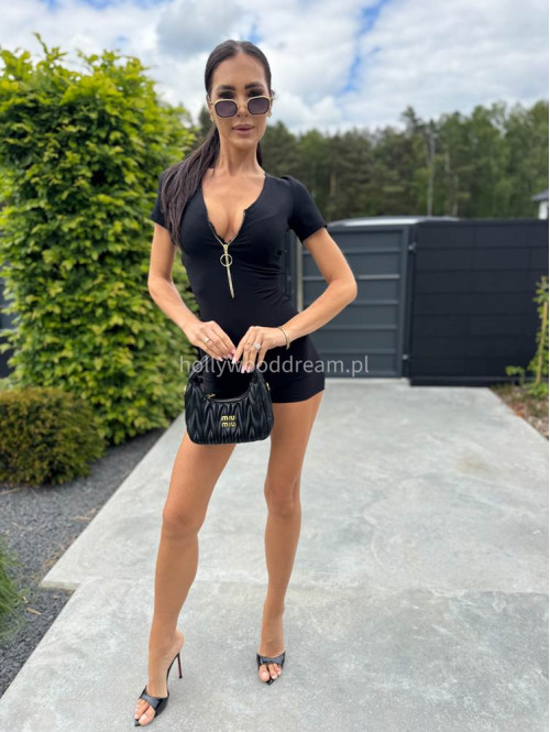Kombinezon krótki prążkowany na zamek z wycięciem na tyle HARD czarny 155 - photo #6
