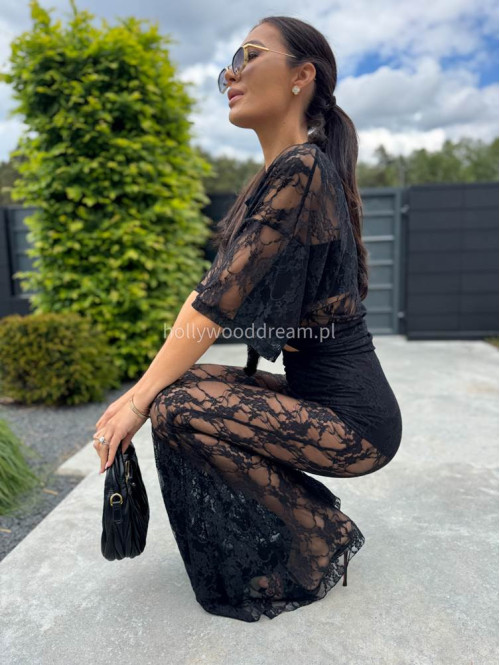 Bluzka koronkowa na krótki rękaw z topem KAROLA czarna 161 - photo #5
