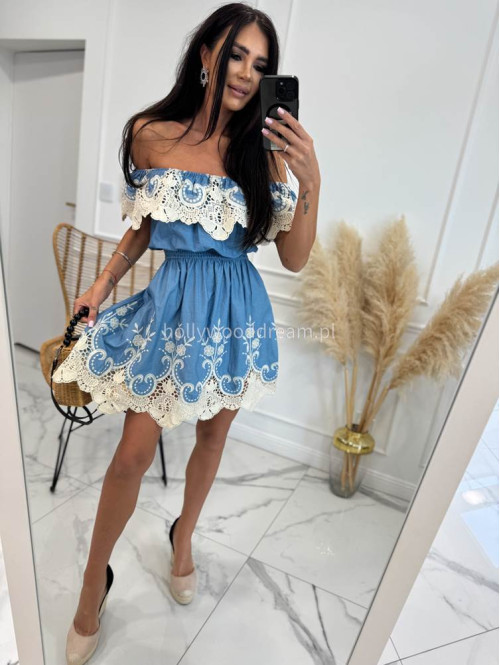 Sukienka mini hiszpanka z ażurowym beżowym wzorem NINA a'la jeans 17 - photo #1