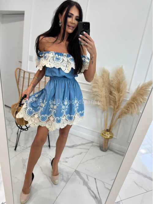 Sukienka mini hiszpanka z ażurowym beżowym wzorem NINA a'la jeans 17 - photo #2