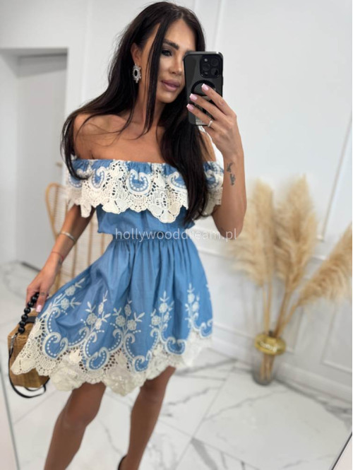 Sukienka mini hiszpanka z ażurowym beżowym wzorem NINA a'la jeans 17 - photo #3