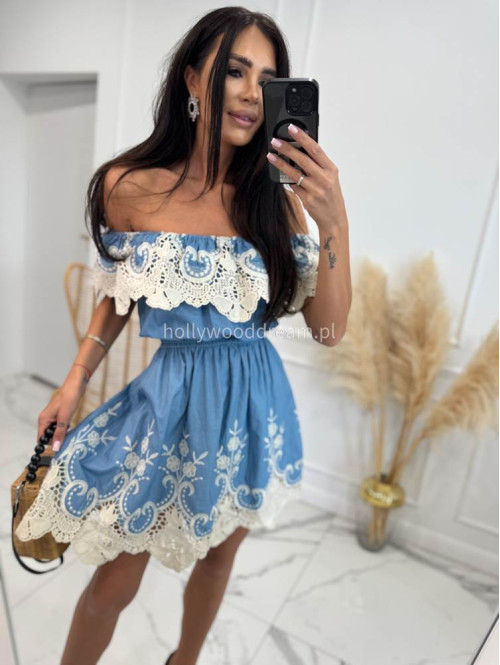 Sukienka mini hiszpanka z ażurowym beżowym wzorem NINA a'la jeans 17 - photo #4