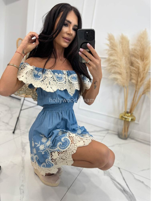 Sukienka mini hiszpanka z ażurowym beżowym wzorem NINA a'la jeans 17 - photo #10