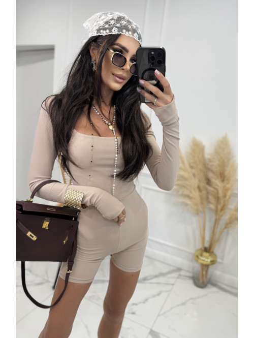 Kombinezon prążkowany krótki na długi rękaw z dekoltem karo VANESSA beżowy 48 - photo #3