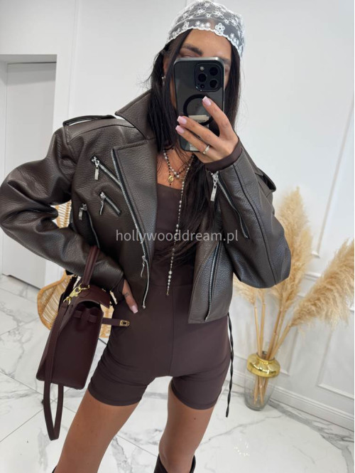 Kombinezon prążkowany krótki na długi rękaw z dekoltem karo VANESSA czekoladowy 48 - photo #9