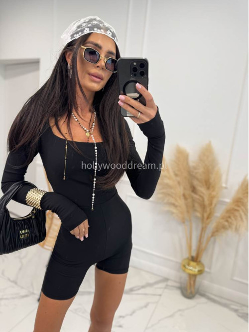 Kombinezon prążkowany krótki na długi rękaw z dekoltem karo VANESSA czarny 48 - photo #12