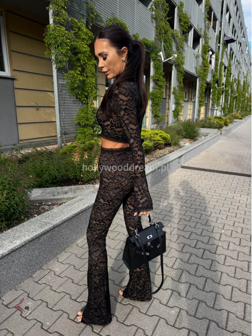 Komplet koronkowy top na długi rękaw + spodnie dzwony z wiskozy MEDIOLAN czarno-beżowy 169 - photo #35