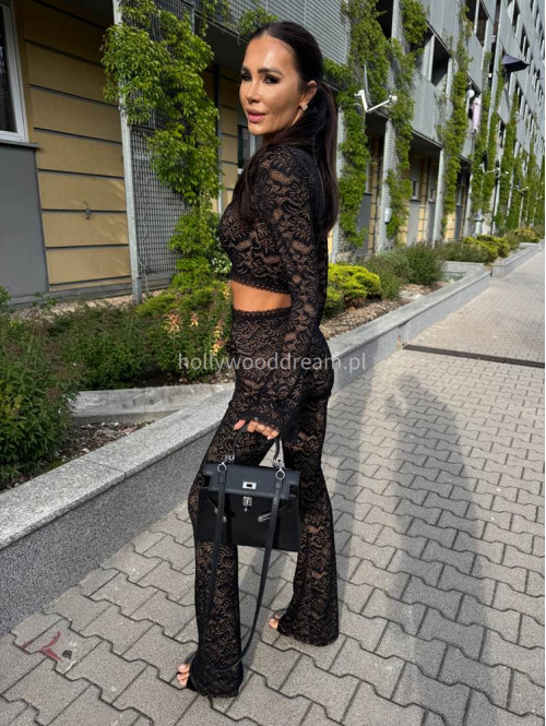 Komplet koronkowy top na długi rękaw + spodnie dzwony z wiskozy MEDIOLAN czarno-beżowy 169 - photo #36