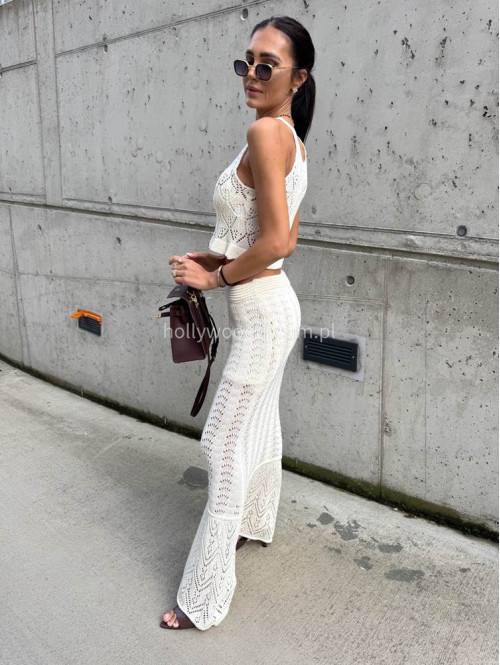 Komplet plażowy top + spódnica maxi ażurowy BONI kremowy  17 - photo #33