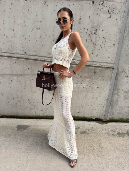 Komplet plażowy top + spódnica maxi ażurowy BONI kremowy  17 - photo #34
