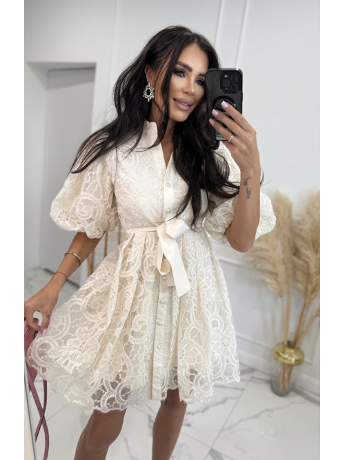Sukienka mini koronkowa rozkloszowana z bufkami i paskiem 100% wiskoza BABY DOLL ecru 09