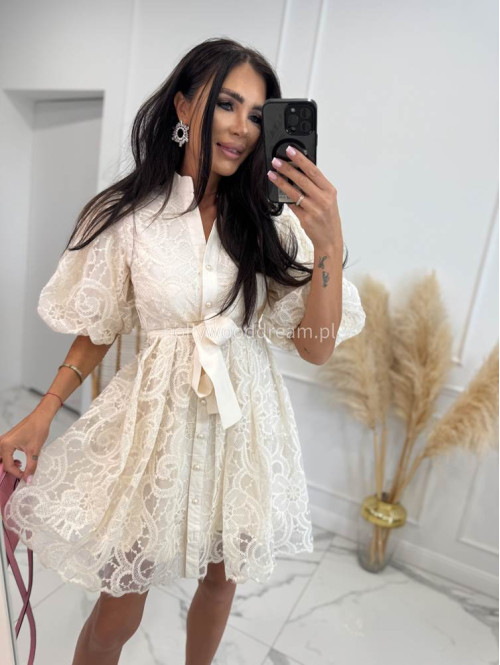 Sukienka mini koronkowa rozkloszowana z bufkami i paskiem 100% wiskoza BABY DOLL ecru 09 - photo #3