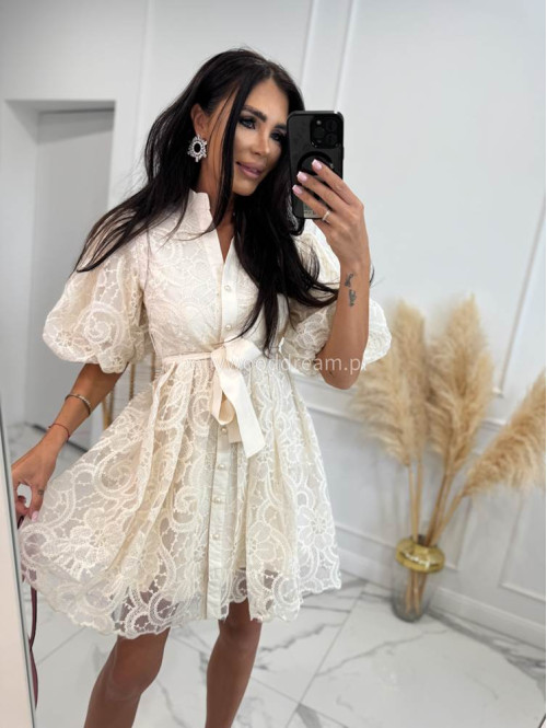 Sukienka mini koronkowa rozkloszowana z bufkami i paskiem 100% wiskoza BABY DOLL ecru 09 - photo #4