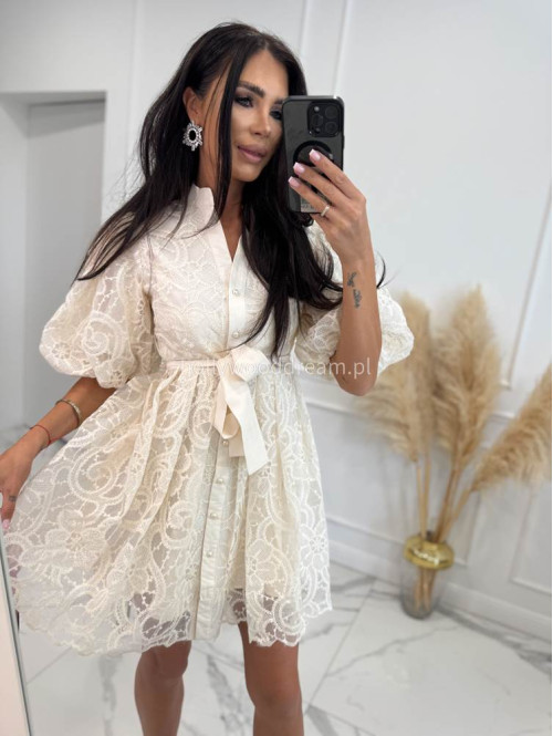 Sukienka mini koronkowa rozkloszowana z bufkami i paskiem 100% wiskoza BABY DOLL ecru 09 - photo #5