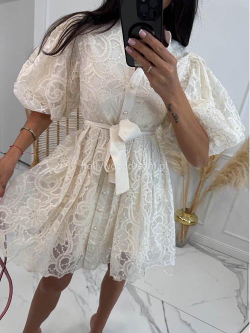 Sukienka mini koronkowa rozkloszowana z bufkami i paskiem 100% wiskoza BABY DOLL ecru 09 - photo #7