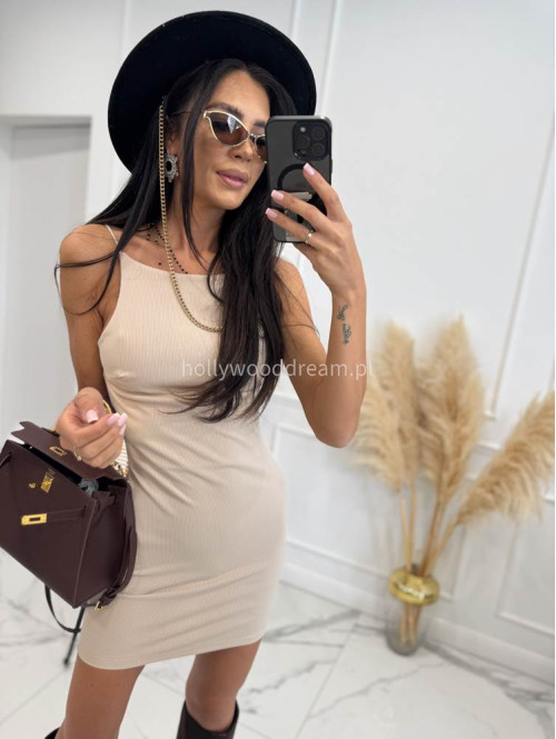 Sukienka mini prążkowana wycięte plecy DELICJA jasny beż 26 - photo #2