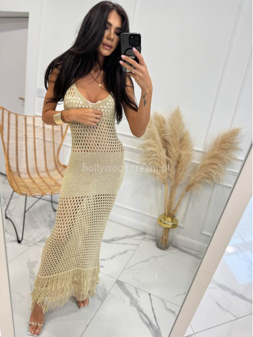 Sukienka maxi szydełkowa z połyskującą nitką KENIA beżowa 17 - photo #1