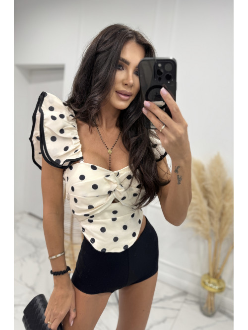 Bluzka gorsetowa z pętelką na biuście w grochy RETRO jasny beż 09