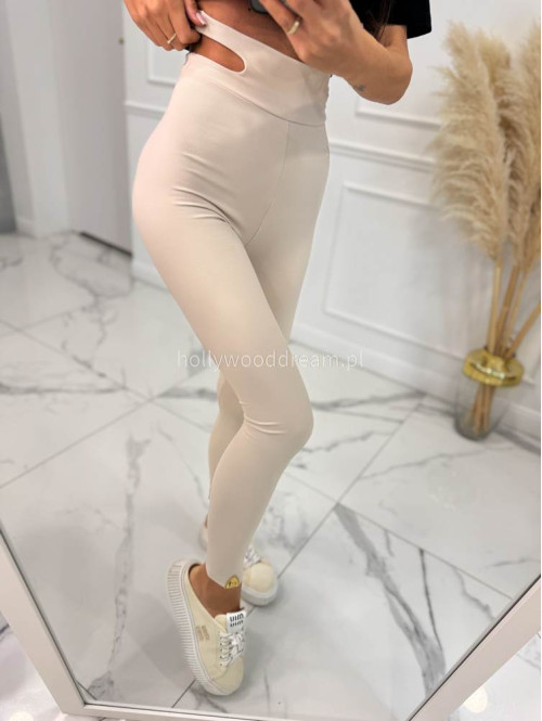 Legginsy prążkowane z wycięciami w talii z wiskozą STREET jasny beż 155 - photo #2
