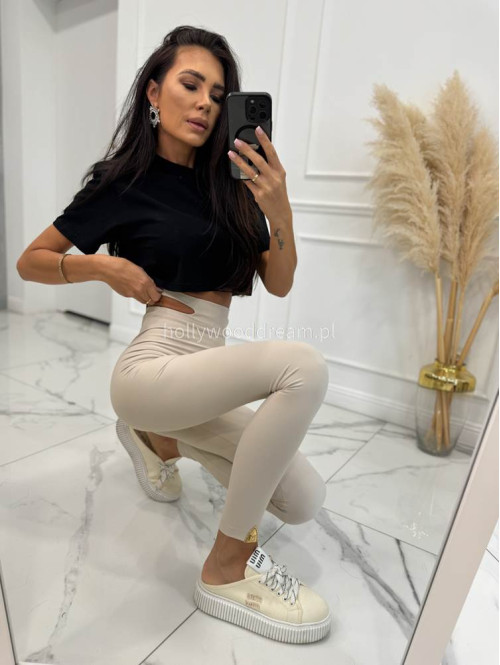 Legginsy prążkowane z wycięciami w talii z wiskozą STREET jasny beż 155 - photo #6