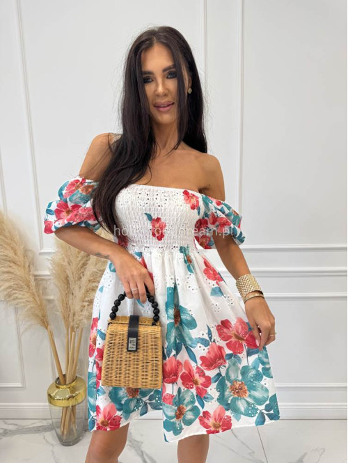 Sukienka mini w kwiaty z bufkami na rękawach i ażurem REGINA pomarańczowo-zielono-biała 17 - photo #13