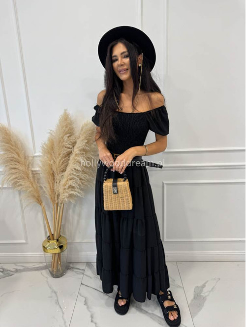Sukienka maxi z gumką na biuście i przeszyciami TATIANA czarna 17 - photo #1
