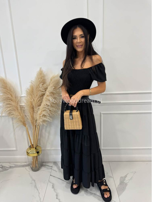 Sukienka maxi z gumką na biuście i przeszyciami TATIANA czarna 17 - photo #2