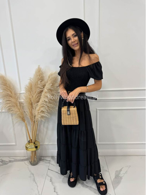 Sukienka maxi z gumką na biuście i przeszyciami TATIANA czarna 17 - photo #3